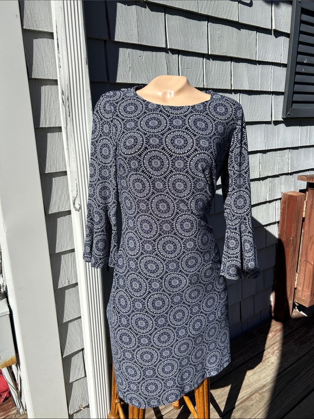 Tommy Hilfiger Navy Patterned Bell-Sleeve Long-Sleeve Dress Sz 6
